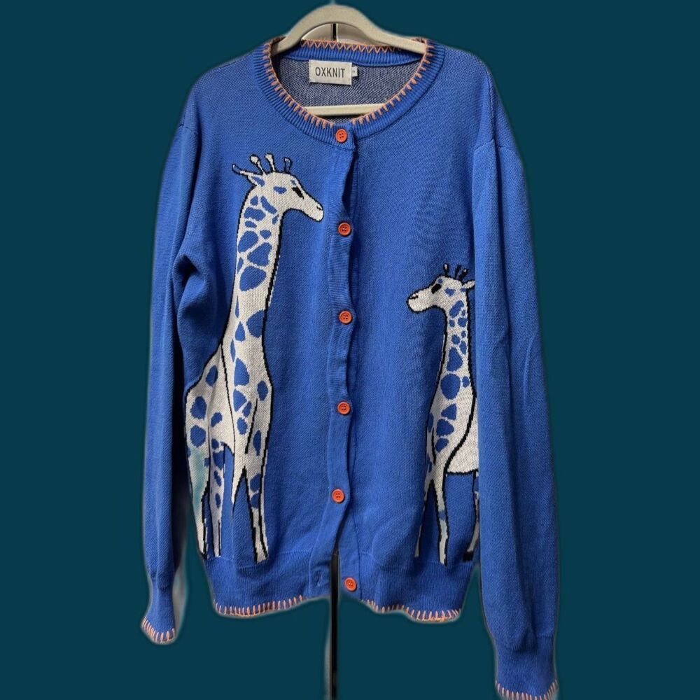 Oxknit Blue Giraffe Novelty Knit Cardigan Sweater S